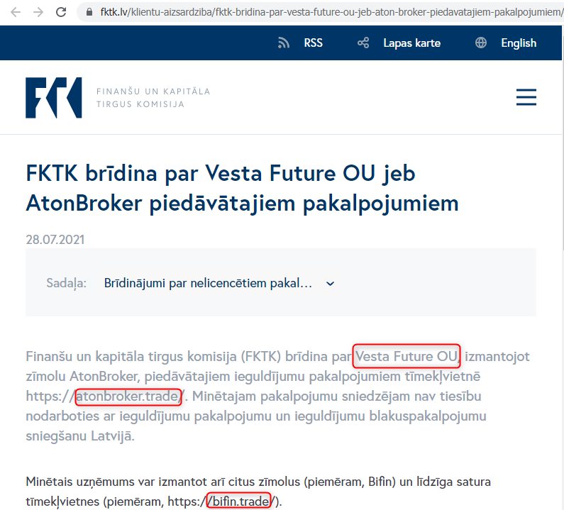 Artfin Trade Vesta Future OÜ FKTK