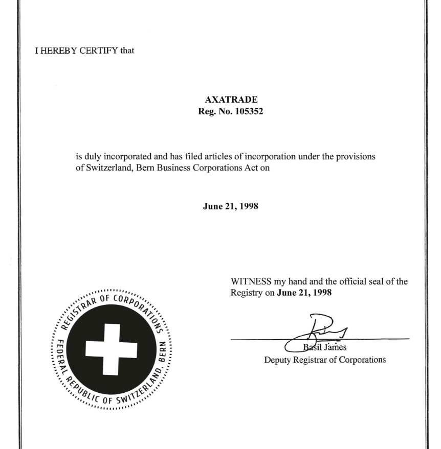  Сертификат об инкорпорации Axatrade